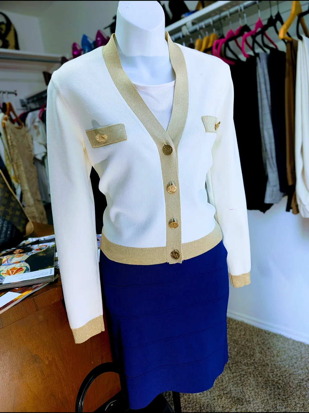 Michael Kors Cream Cardigan with Tan Trim and Navy Accent